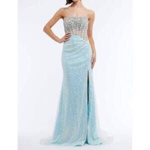 NEW VIENNA PROM sheer corset high slit long dress in blue